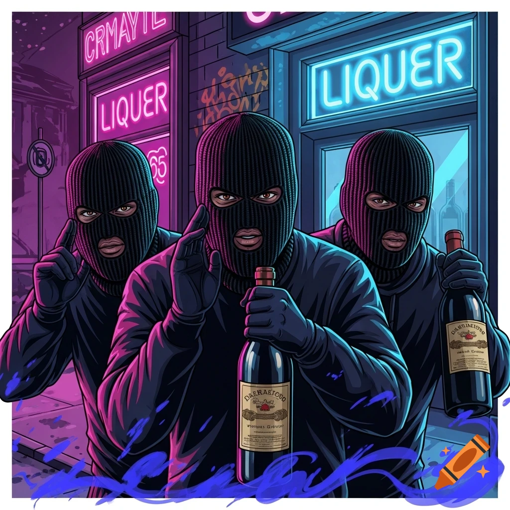 Three figures in black balaclavas and gloves hold wine bottles outside a neon-lit liquor store, in a graphic art style.