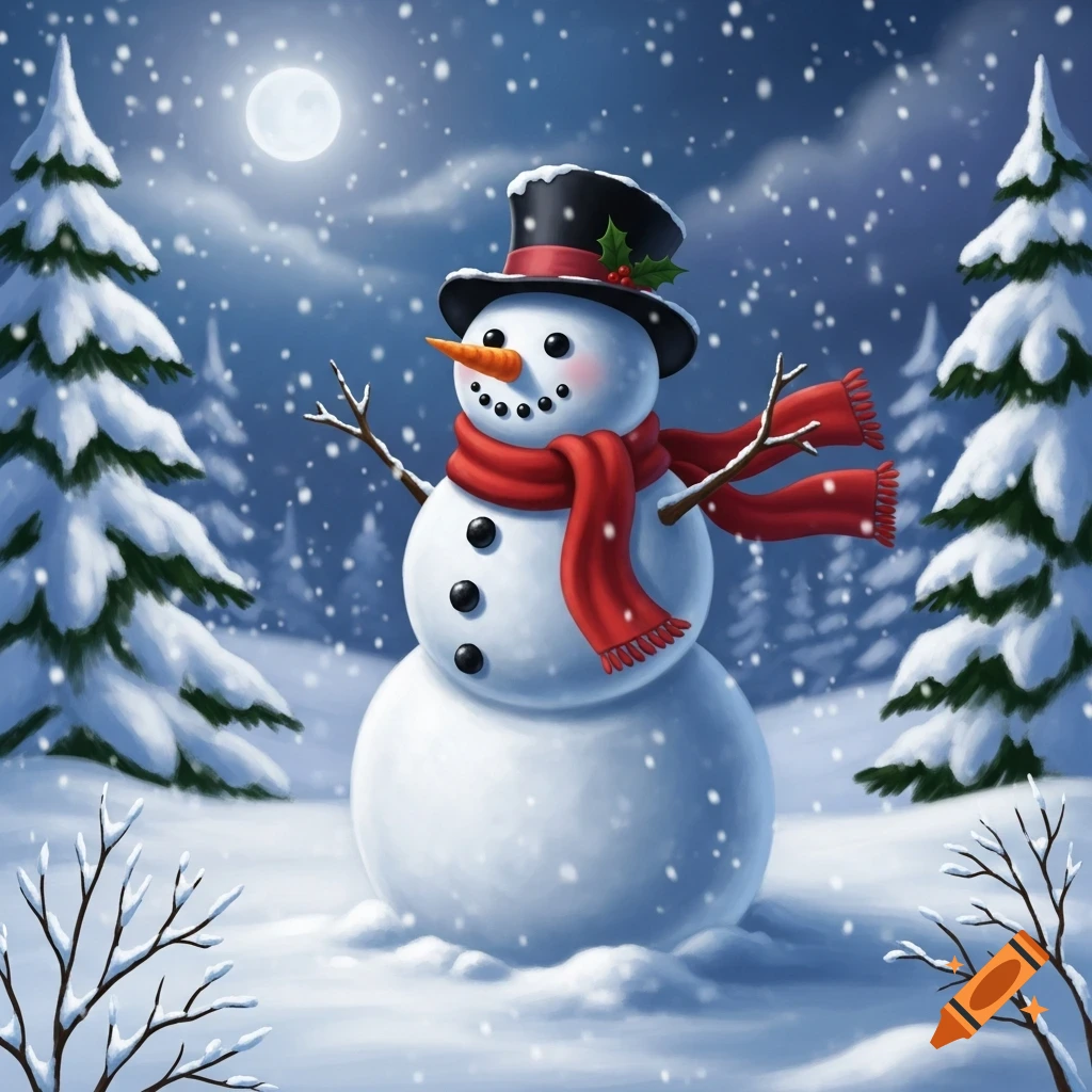 A friendly snowman with a carrot nose, black top hat with holly, and red scarf stands in a snowy winter forest at night under a full moon.