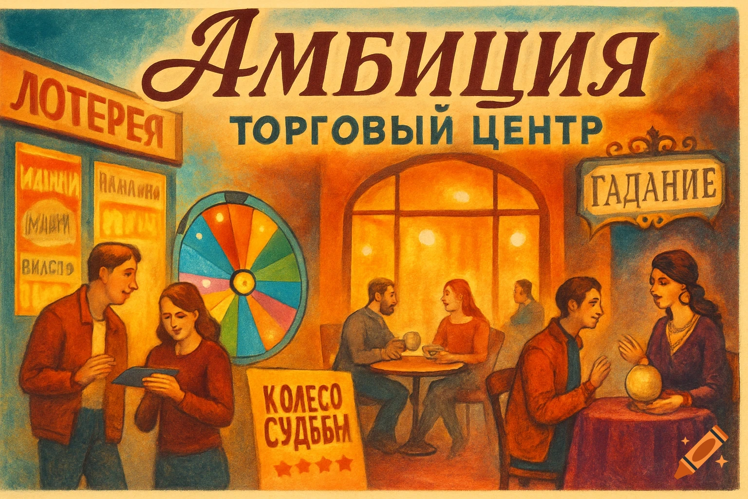 An illustration in a vintage postcard style depicts a lively shopping center with people engaging in activities like lottery, a wheel of fortune, cafe dining, and fortune telling.