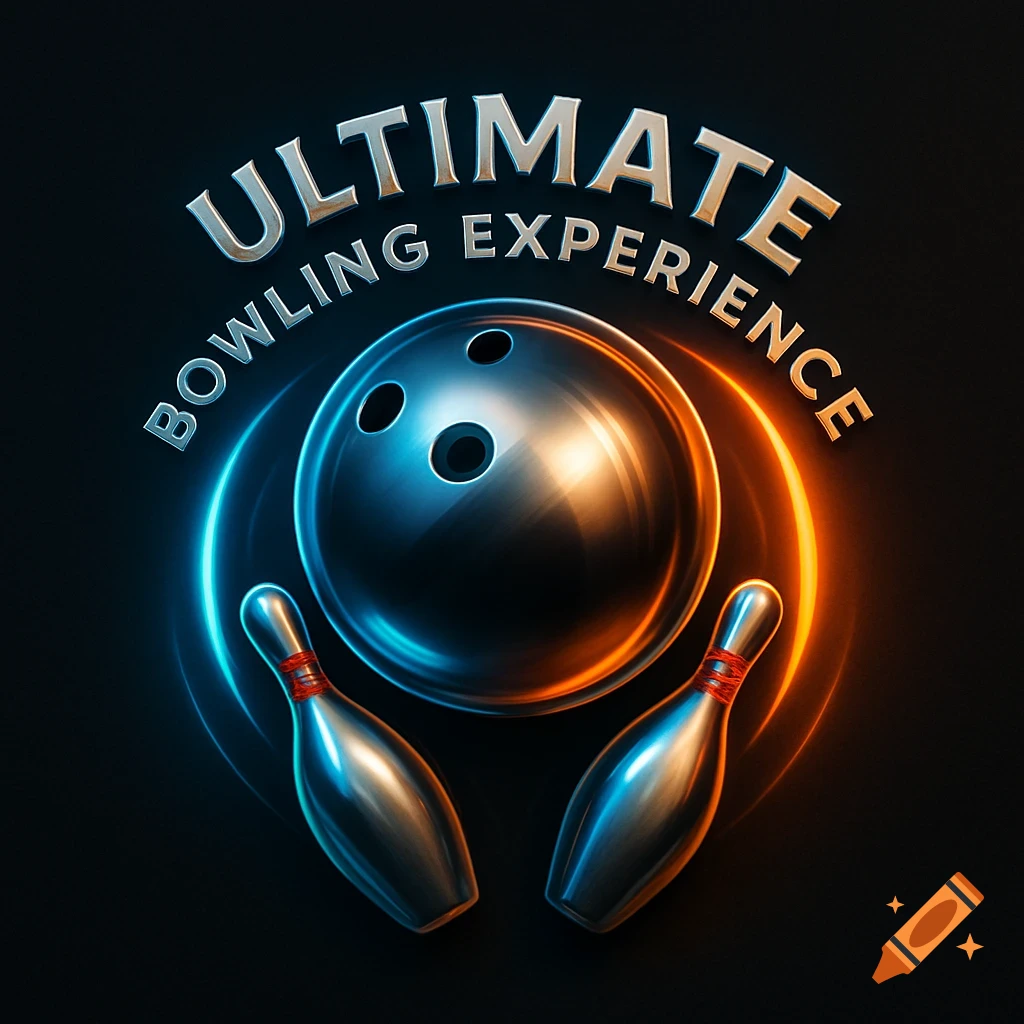 A bowling logo featuring a metallic bowling ball and two pins, surrounded by blue and orange neon light, with the text 'ULTIMATE BOWLING EXPERIENCE'.