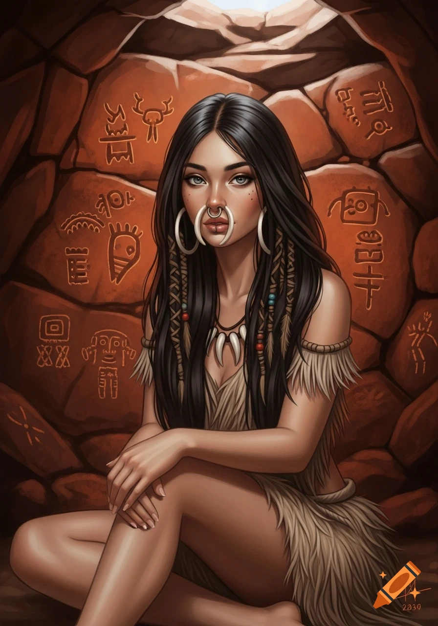 A young cave woman with long dark hair and a bone septum piercing sits in a cave with petroglyphs, in an illustrative style.