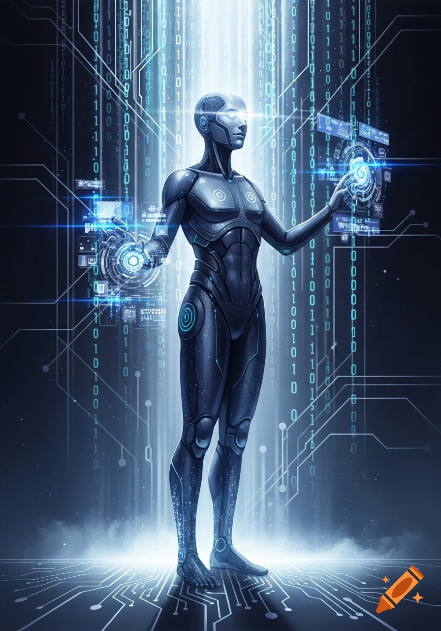 A futuristic humanoid android stands amidst falling binary code and glowing circuit patterns, interacting with holographic interfaces.