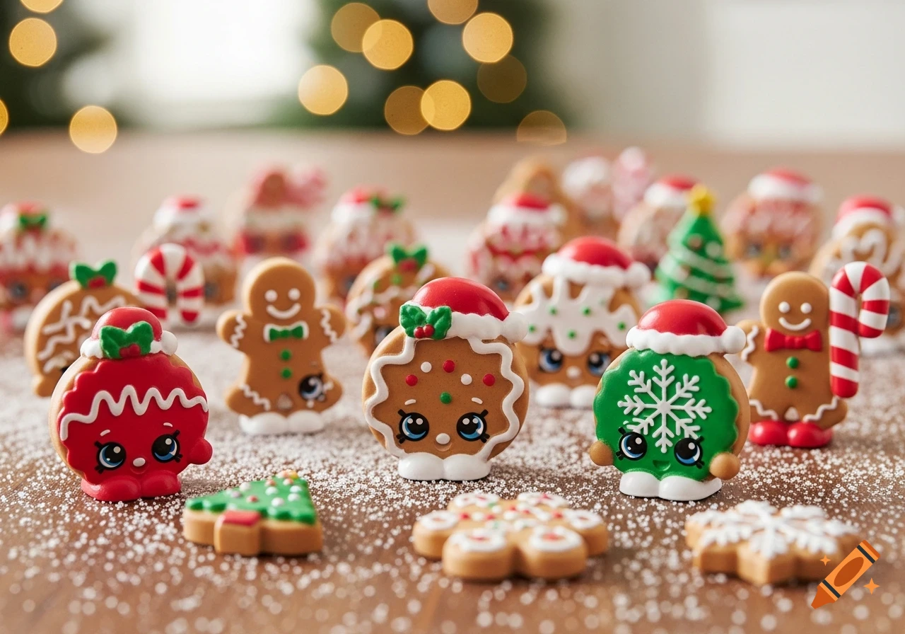 A collection of colorful Christmas cookie-shaped Shopkins toys on a powdered sugar-dusted table, with blurred lights.