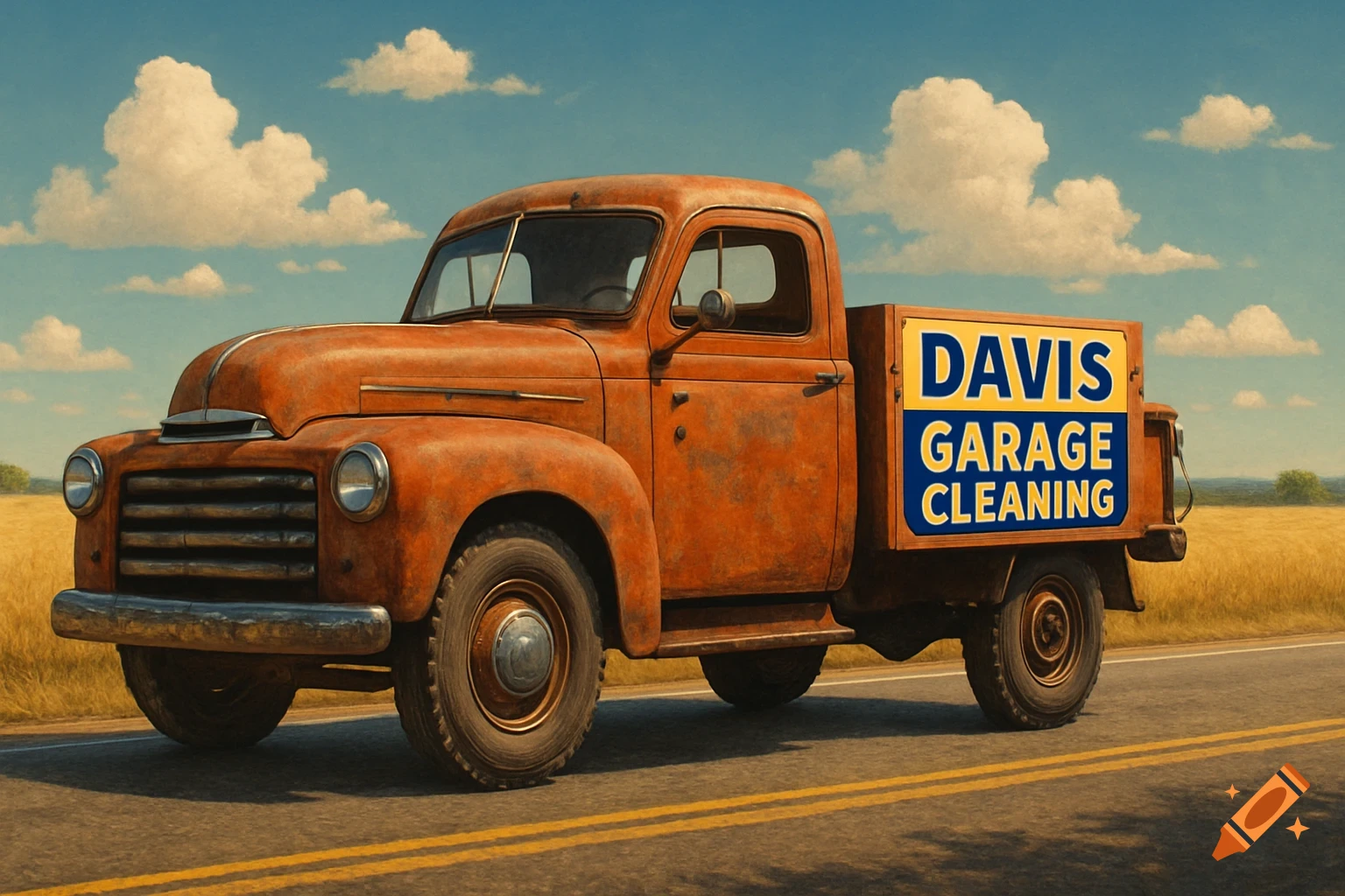 An old, rusty orange pickup truck with "Davis Garage Cleaning" on its side drives on a road through a golden field under a blue sky.