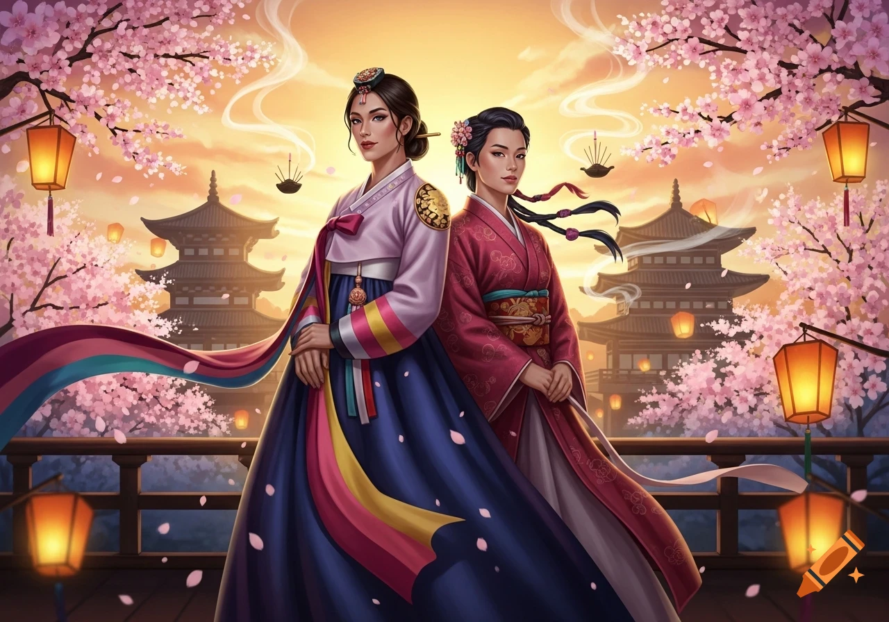 Two women in ornate traditional Asian dresses stand among cherry blossoms, pagodas, and glowing lanterns at sunset.