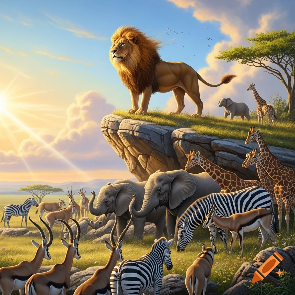 A majestic lion stands on a cliff overlooking a savanna filled with elephants, giraffes, zebras, and gazelles under a sunny sky.