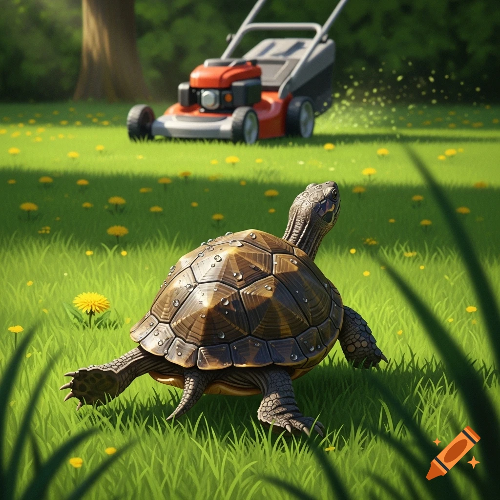 A photorealistic image of a turtle on a green lawn with dandelions, running away from a red lawnmower in the background.