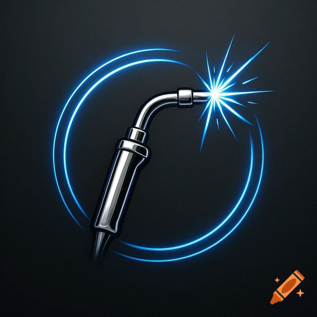 Stylized metallic welding torch with a bright blue spark, encircled by a glowing blue neon ring on a dark background.
