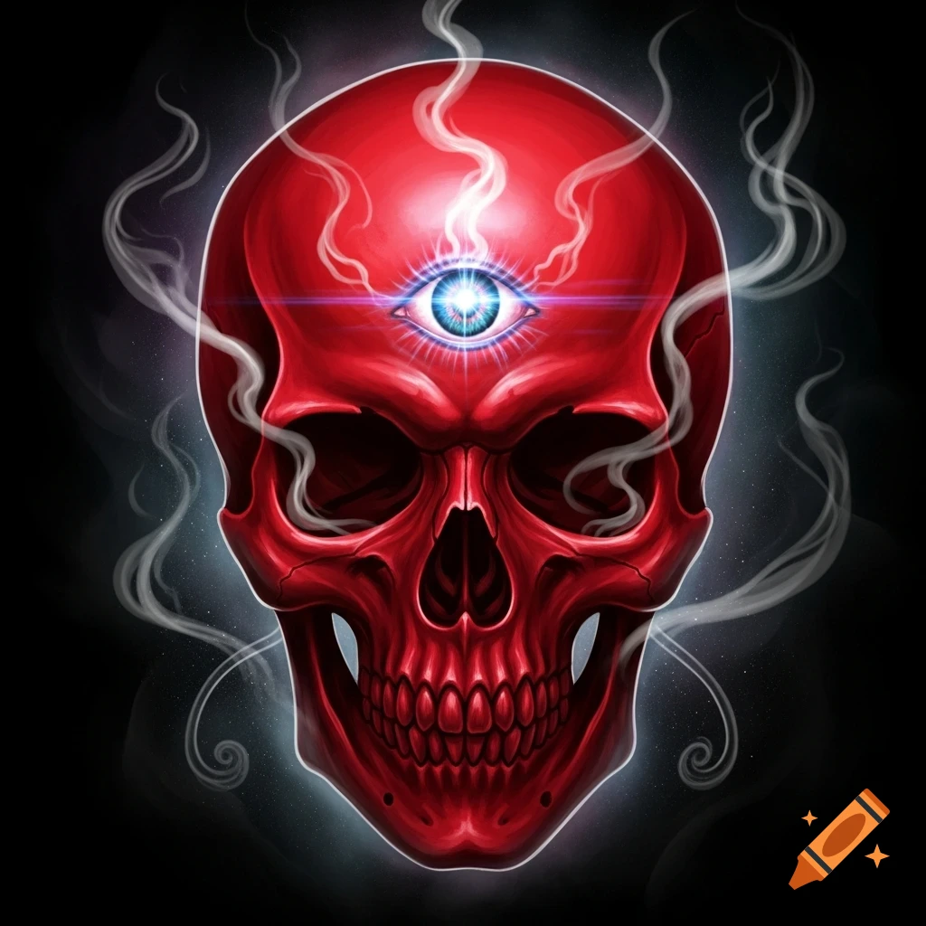 A stylized red skull with a glowing blue eye on its forehead, surrounded by wisps of smoke on a dark background.