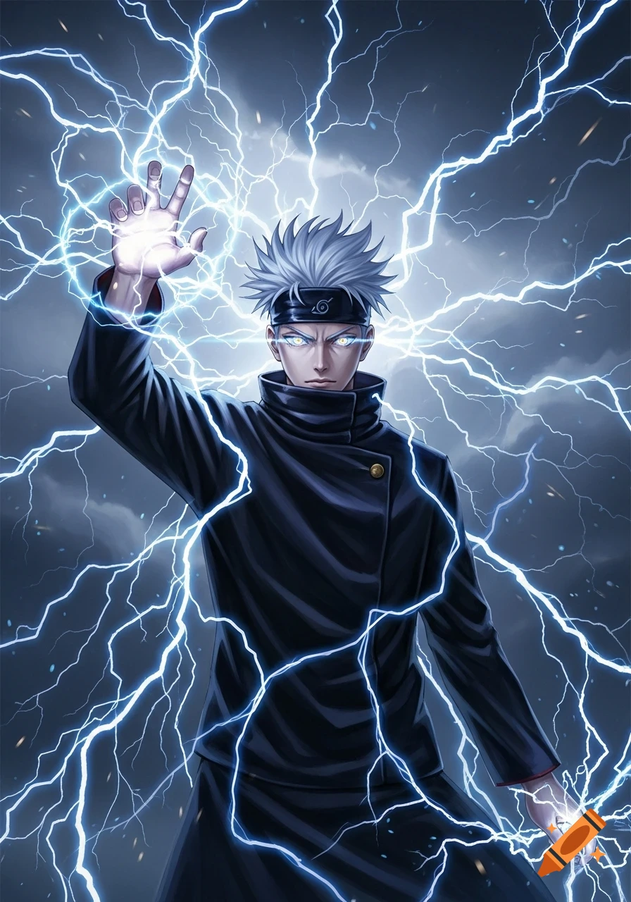 Anime character Gojo Satoru with white hair, black high-collar jacket, and glowing blue eyes, surrounded by bright blue lightning emanating from his hands and body.