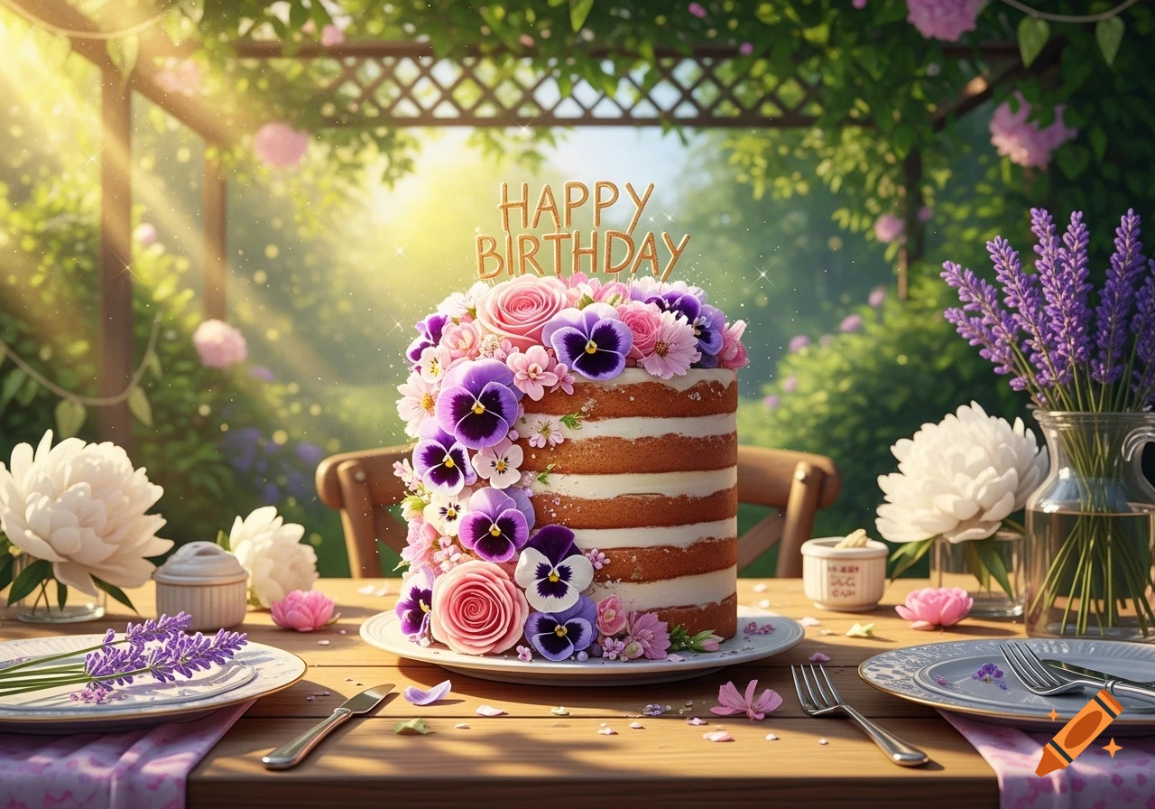A beautiful tiered naked birthday cake with 'HAPPY BIRTHDAY' topper, adorned with pink roses and purple pansies, set on a wooden table in a sunlit garden.