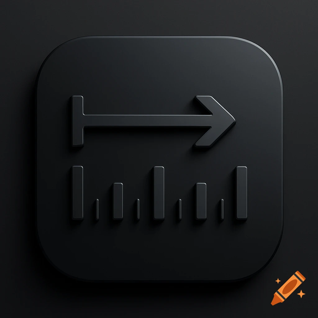 A dark, matte 3D app icon featuring an arrow pointing right above a ruler-like series of vertical lines, on a rounded square background.