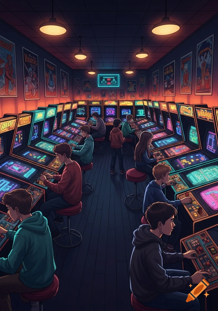 A bustling retro arcade with rows of colorful game machines and several people playing games, bathed in neon light.