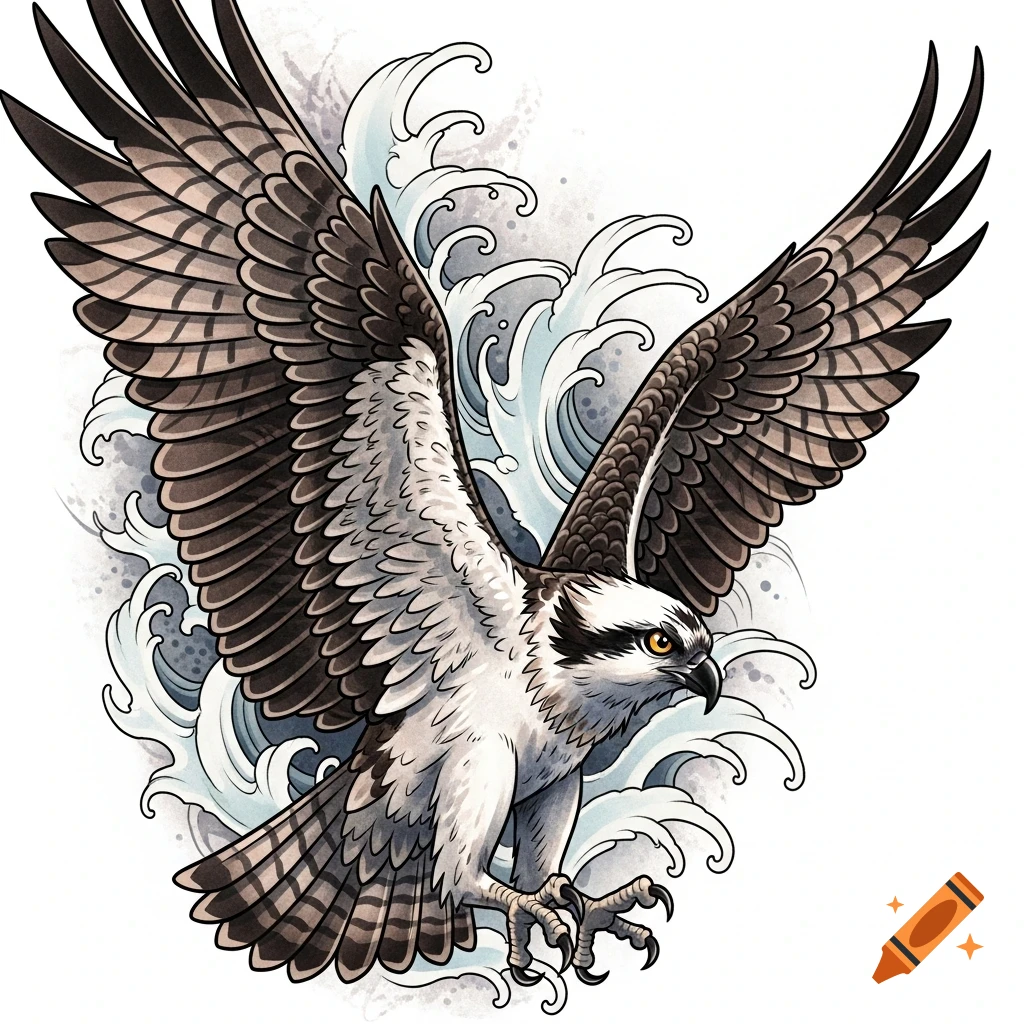 A detailed tattoo design of an osprey with outstretched wings, soaring amidst stylized blue and white waves.
