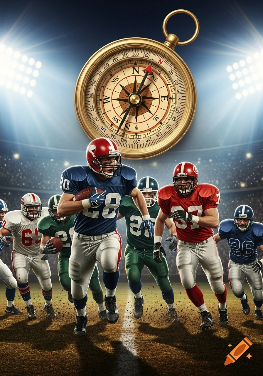 Photorealistic image of American football players running on a stadium field under a large compass in the sky.