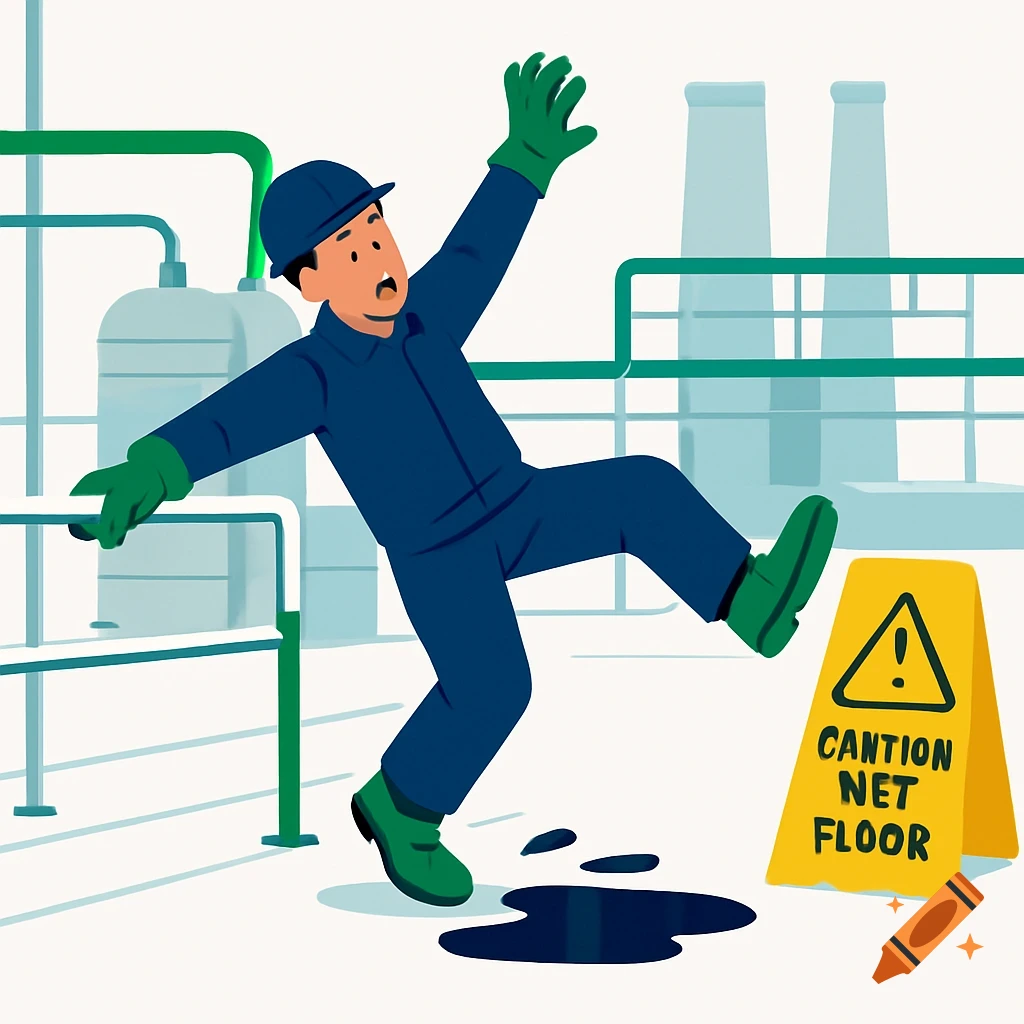 Cartoon of a factory worker slipping on an oil spill near a yellow caution sign in an industrial setting.