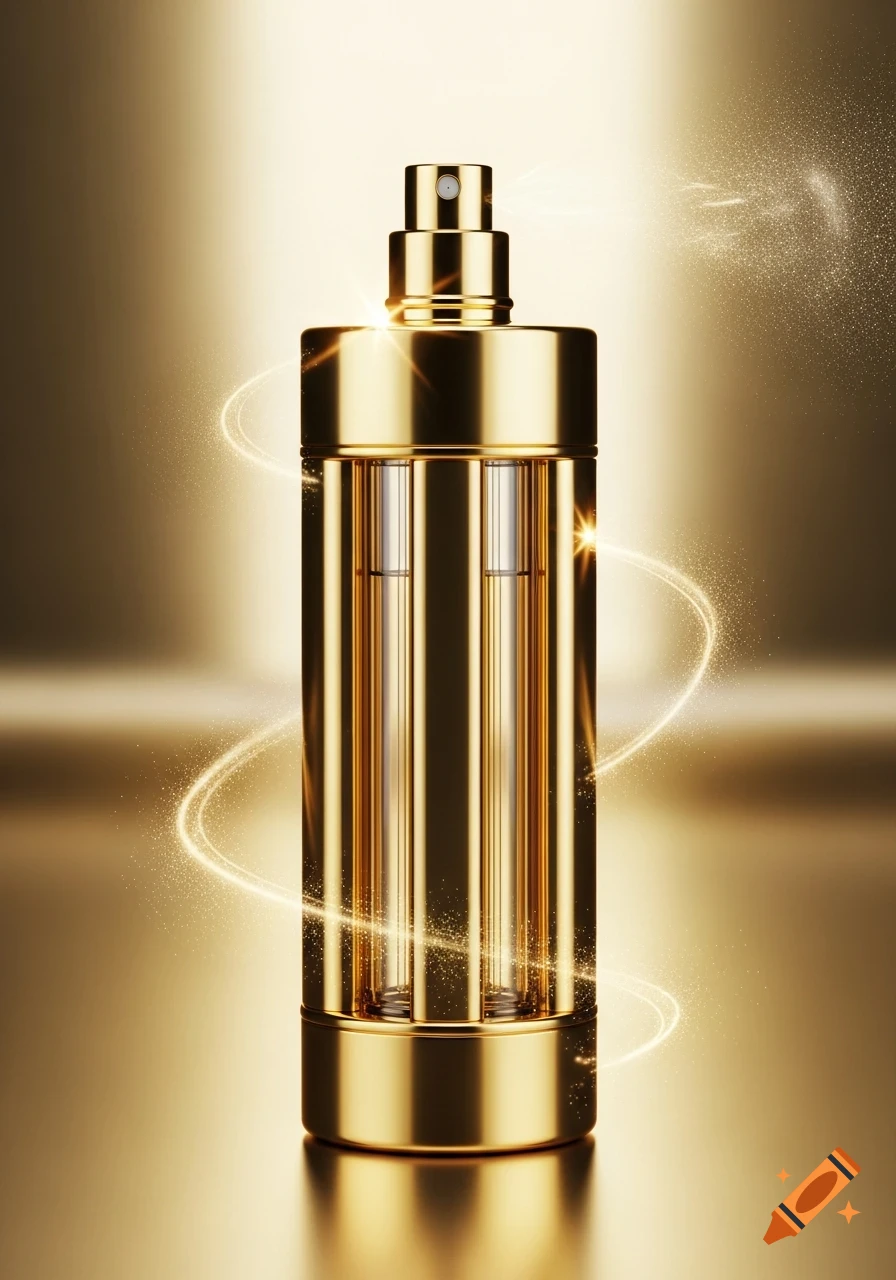 A luxurious golden cylindrical perfume bottle with a single spray, featuring four internal compartments, against a shimmering golden background.