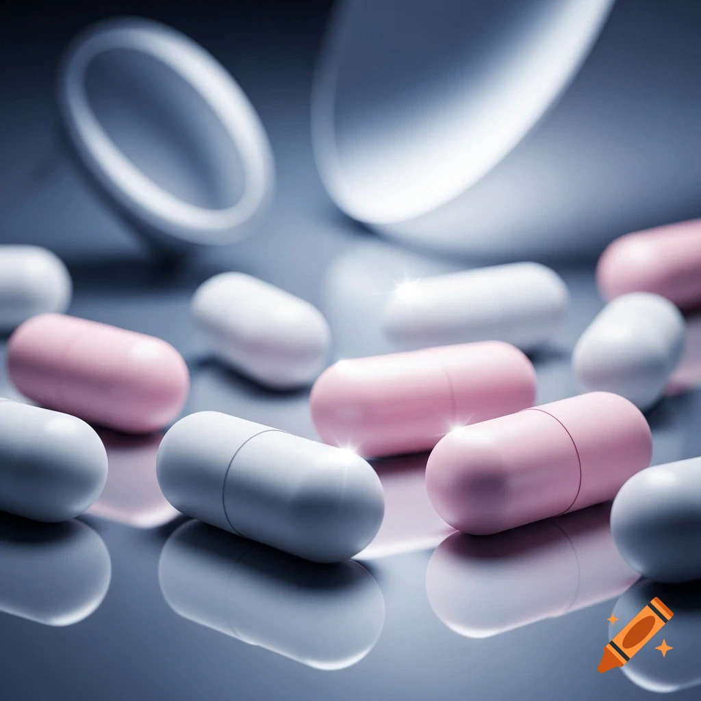 Close-up of pink and white oval capsules, likely medicine pills, scattered on a reflective dark surface.