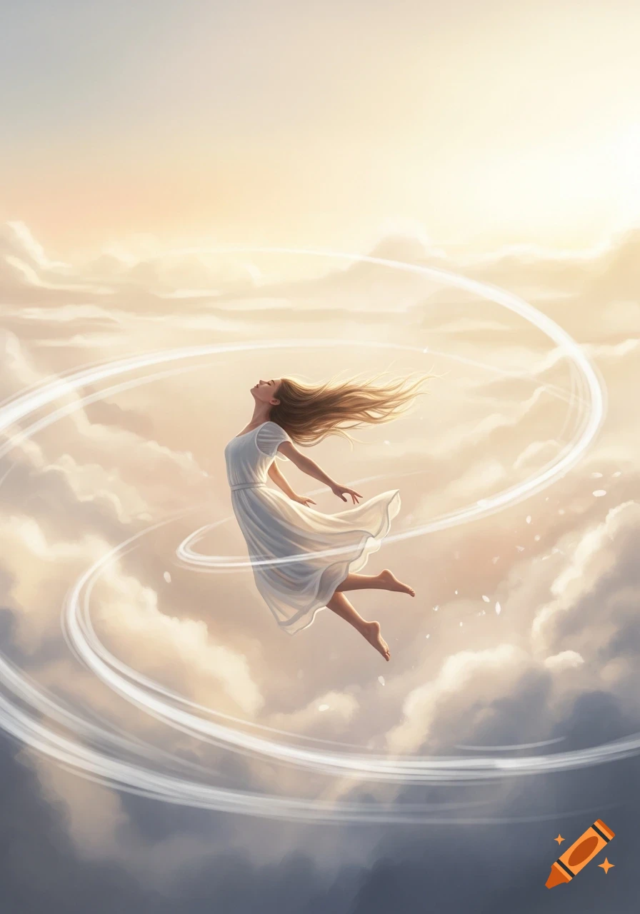 Woman in a white dress with flowing hair floating among clouds with light trails.