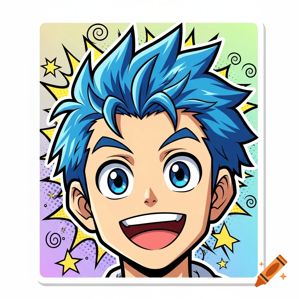 A cartoon sticker of a happy anime man with spiky blue hair and big blue eyes, set against a colorful pop art burst background with stars.