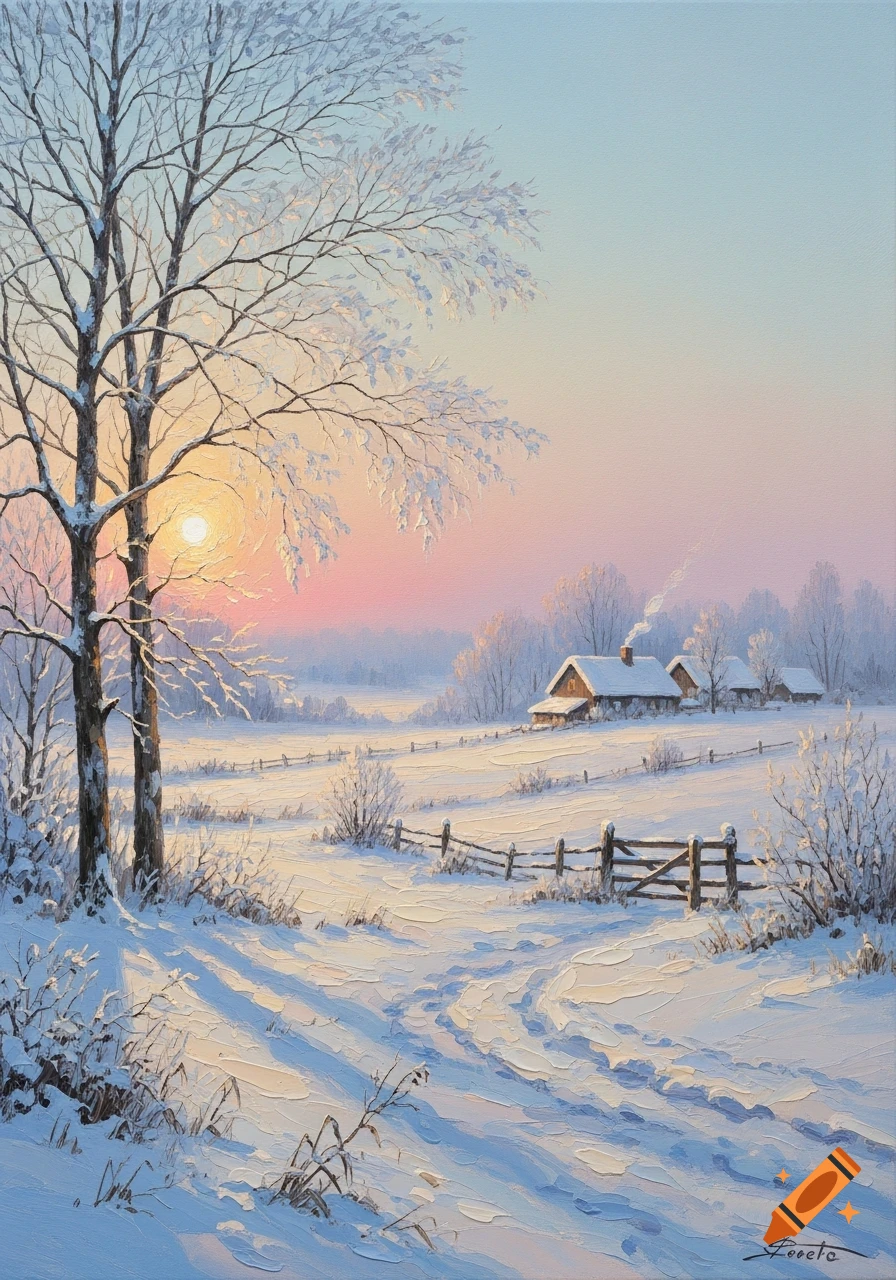 Winter oil painting of a snowy rural landscape with a village, bare trees, and a rising sun in a pink-blue sky.
