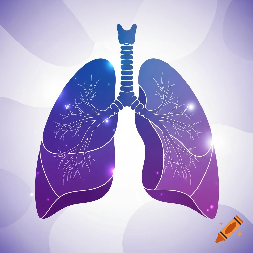 Stylized illustration of human lungs in vibrant purplish-blue tones with internal white lines resembling bronchi and sparkling light effects.