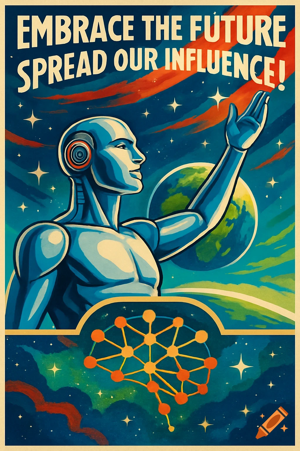 A retro propaganda poster featuring a blue robot with a raised arm, a planet, stars, a neural network, and text.