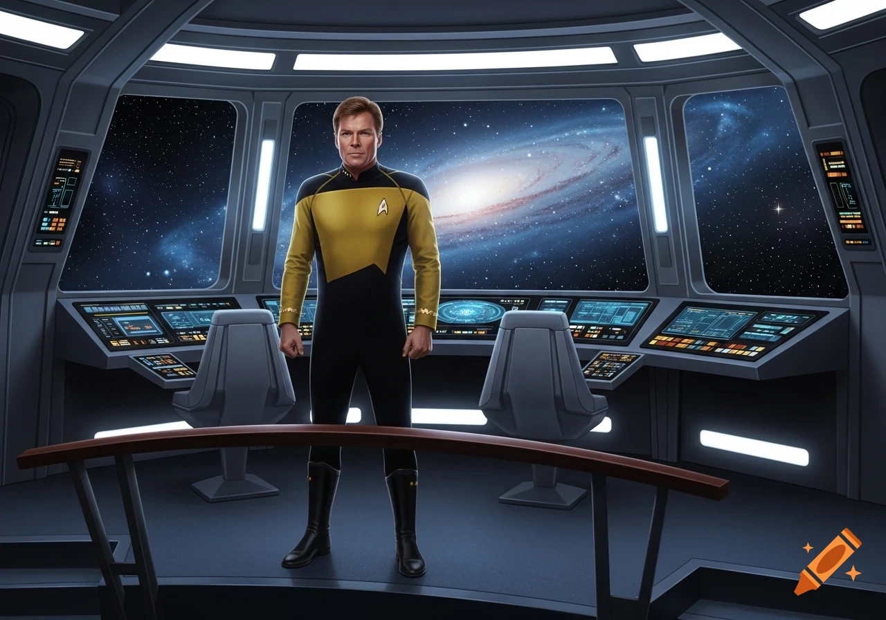 Captain Kirk in a gold and black uniform stands on the bridge of a spaceship, with a galaxy visible through the main viewscreen.
