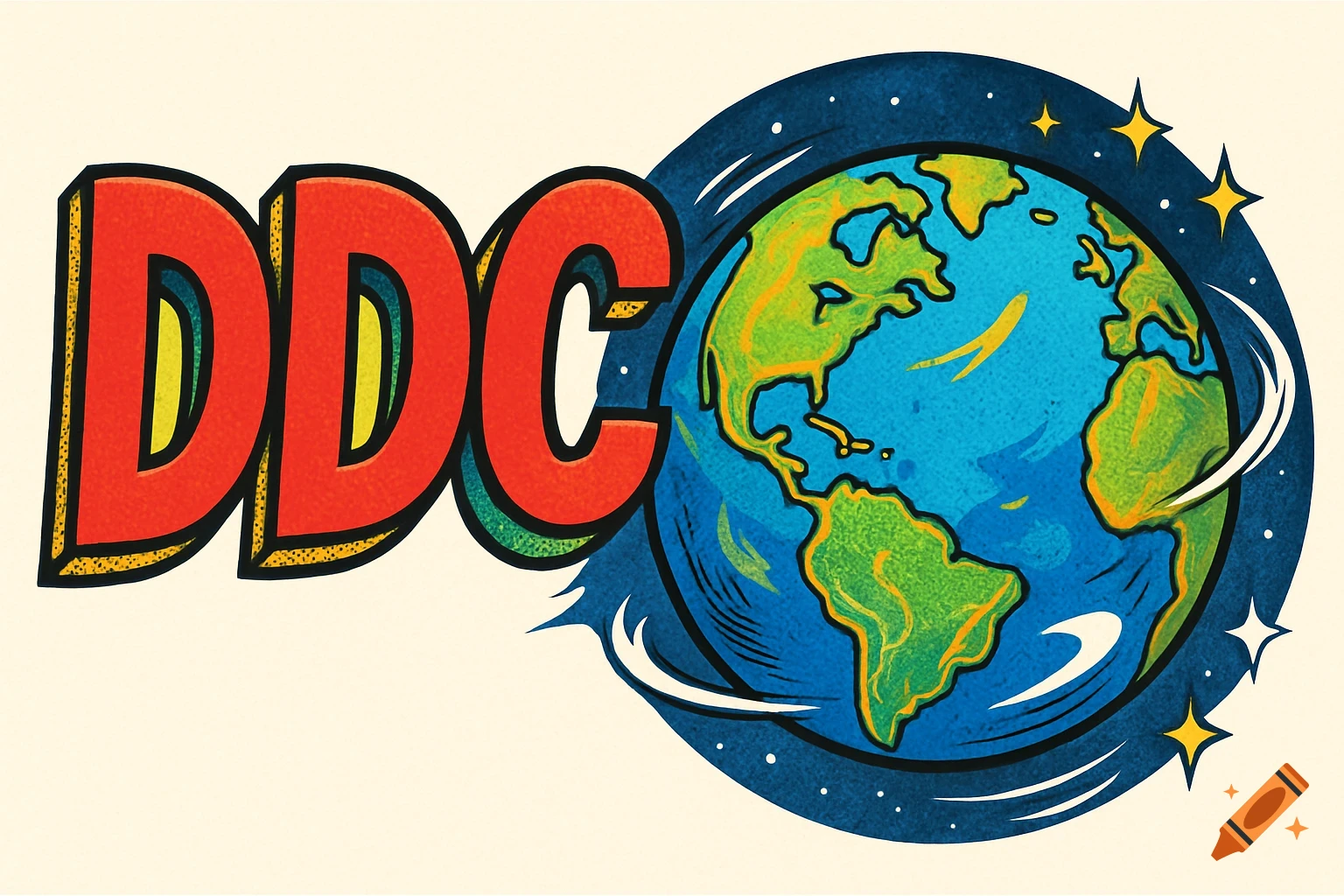 Comic style DDC logo next to a vibrant Earth with stars, on a light background.