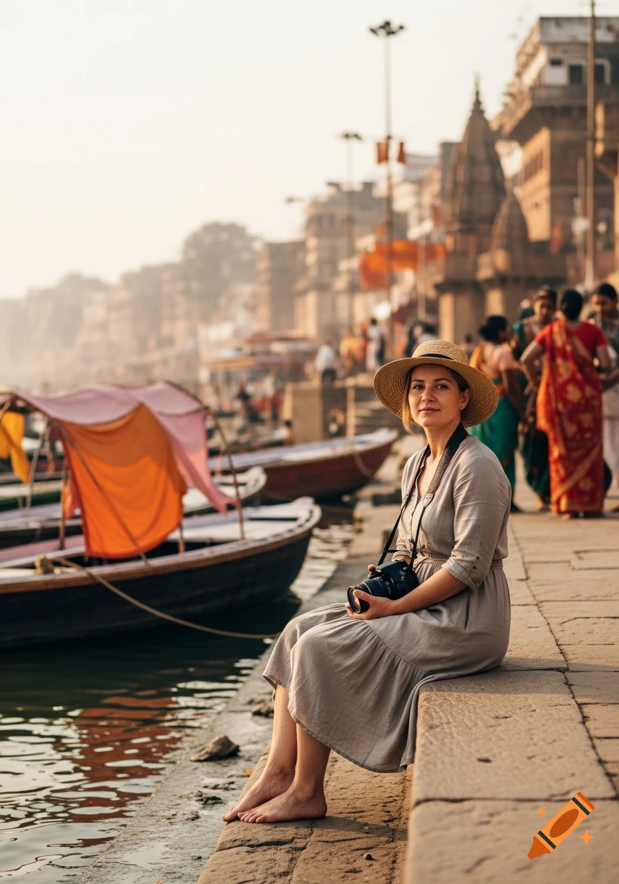 A woman in a straw hat and dress sits barefoot on the stone bank of the Ganga River, holding a camera, with boats and ancient buildings in Varanasi, India.