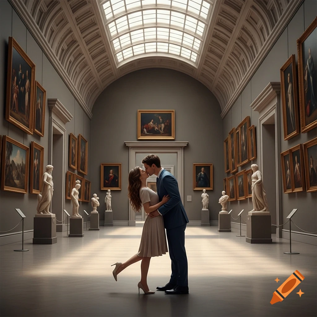 A photorealistic image of a couple kissing in the middle of a grand art museum gallery, surrounded by paintings and sculptures.