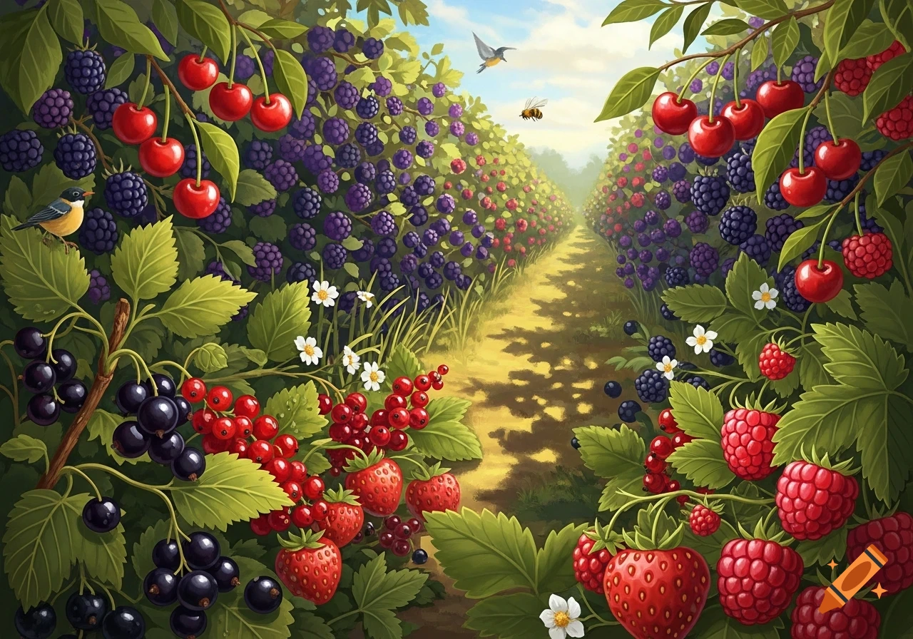 Vibrant illustration of a berry field with blackcurrants, redcurrants, strawberries, blackberries, cherries, raspberries, a path, birds, and a bee.