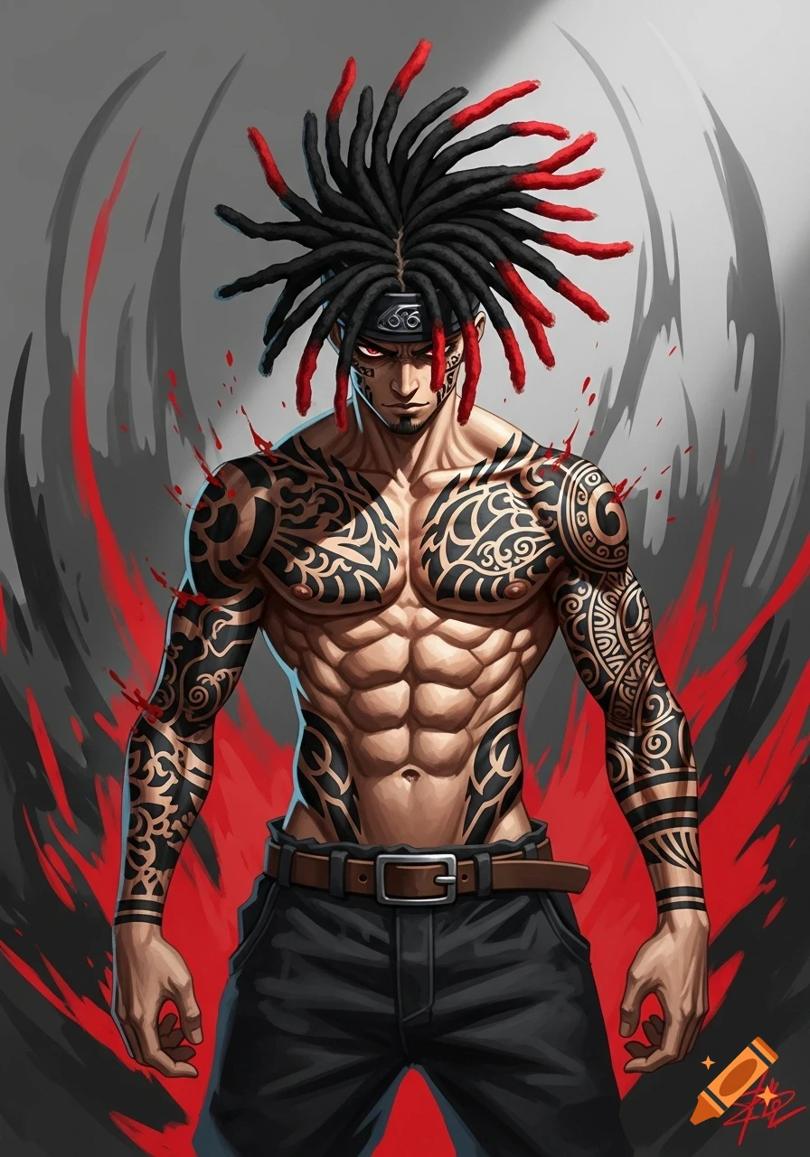 Muscular shirtless male anime character with black and red dreadlocks, full body tattoos, and red glowing eyes, standing in an aggressive pose.