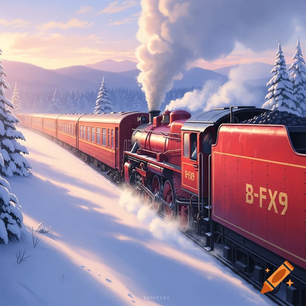 Red steam train travels through a snowy winter landscape at dawn, with ...