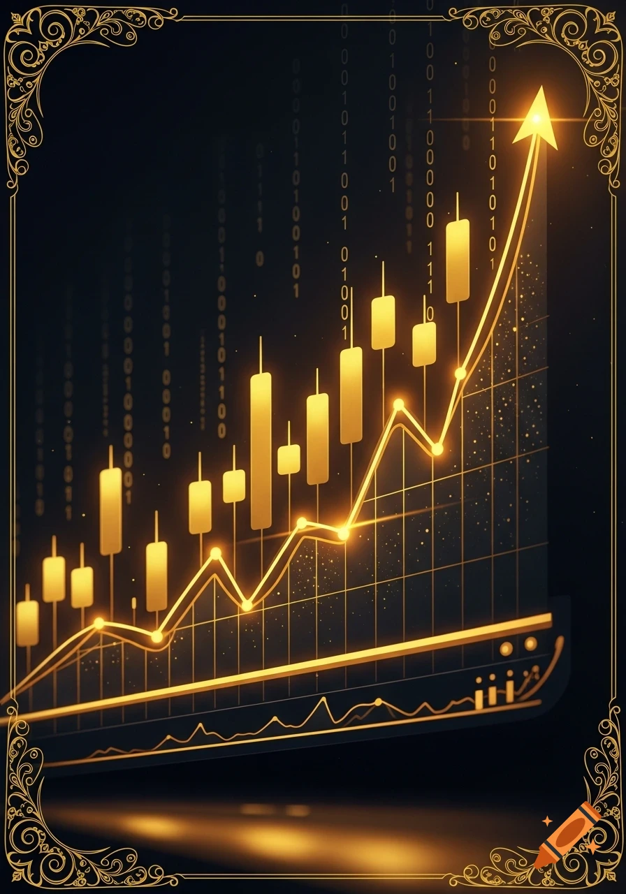 A glowing golden bullish financial chart with candlestick bars, an upward trend arrow, binary code background, and an ornate border.