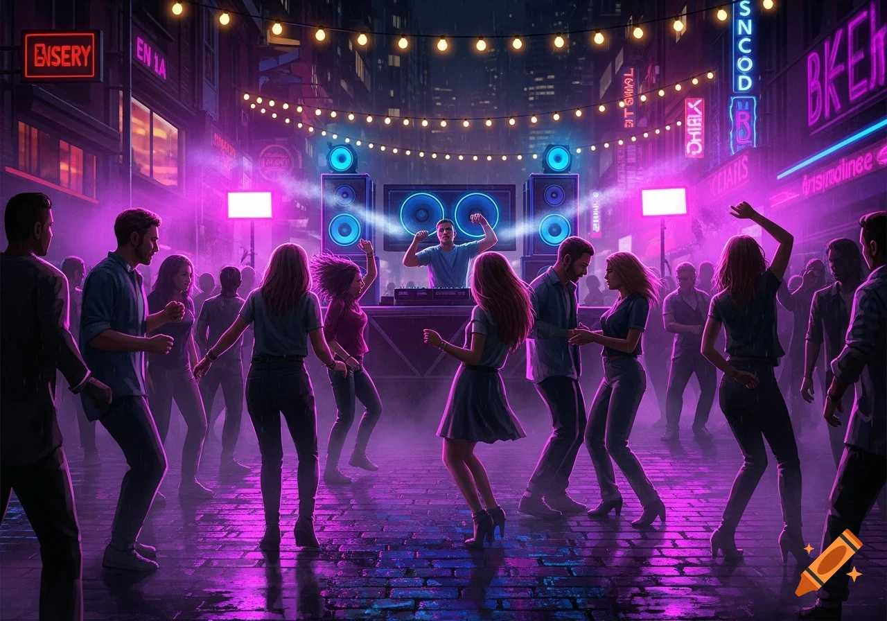People dance in a neon-lit street at night, with a DJ and speakers in the background, creating a vibrant party atmosphere.