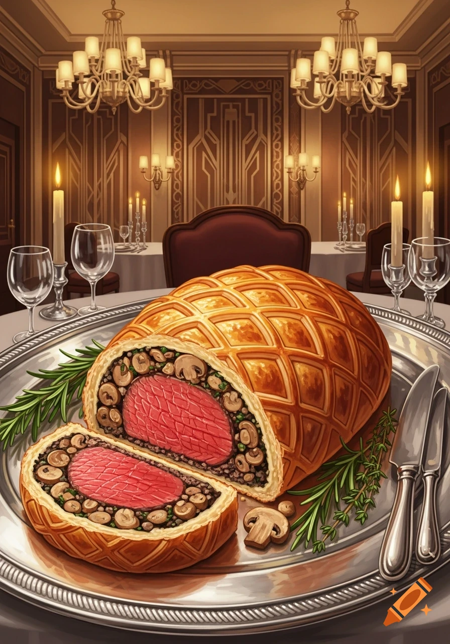 A sliced Beef Wellington on a silver platter, served on an elegant dining table in an Art Deco room.