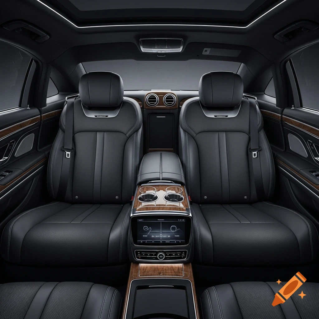 View inside a luxurious car showing two black leather rear seats, a wood-paneled center console with cup holders, and a control screen.