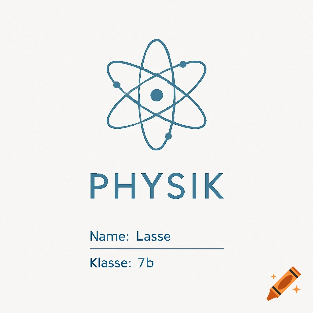 Minimalist blue and white school cover page for 'PHYSIK' with an atom symbol, 'Name: Lasse', and 'Klasse: 7b'.