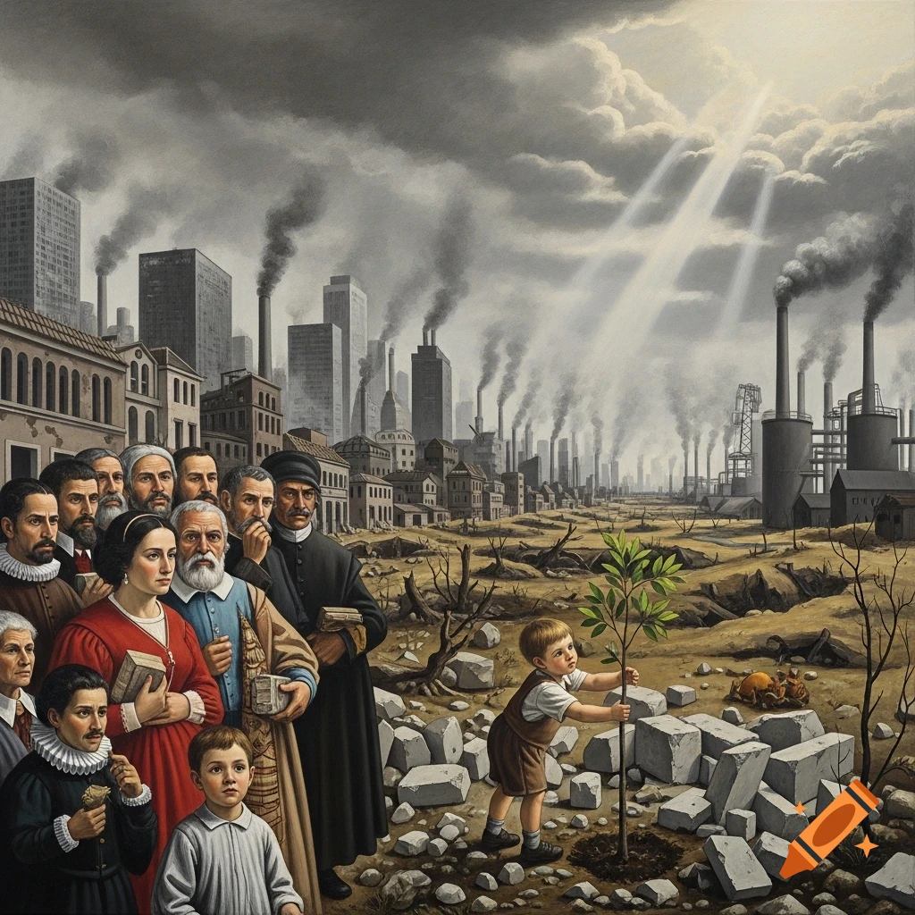 A painting in the style of Velazquez depicts a group of somber-faced adults watching a child plant a small tree in a barren, rocky landscape filled with industrial pollution and smoke-billowing factories.