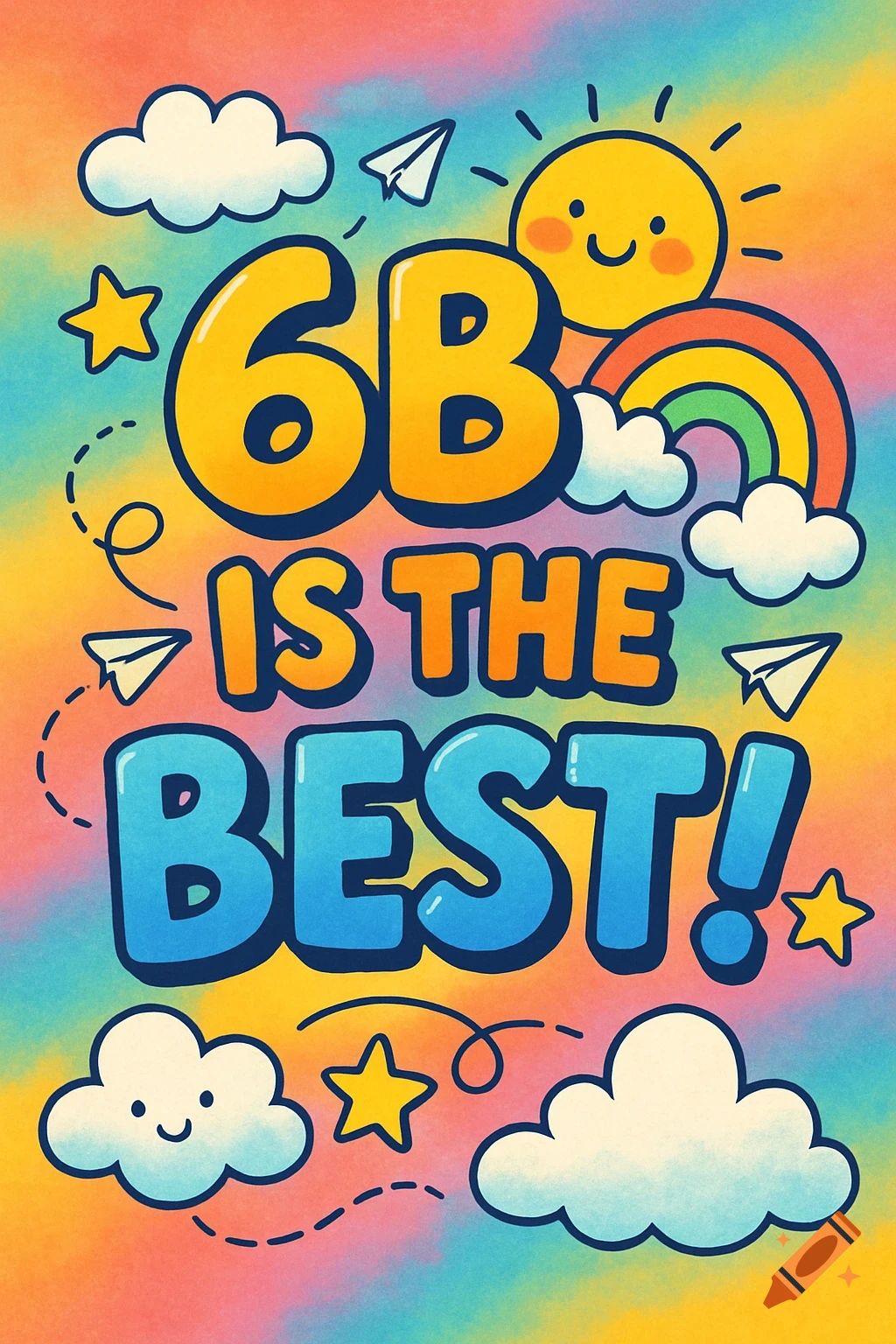 Colorful cute poster reading '6B IS THE BEST!' with a smiling sun, rainbow, clouds, and stars.