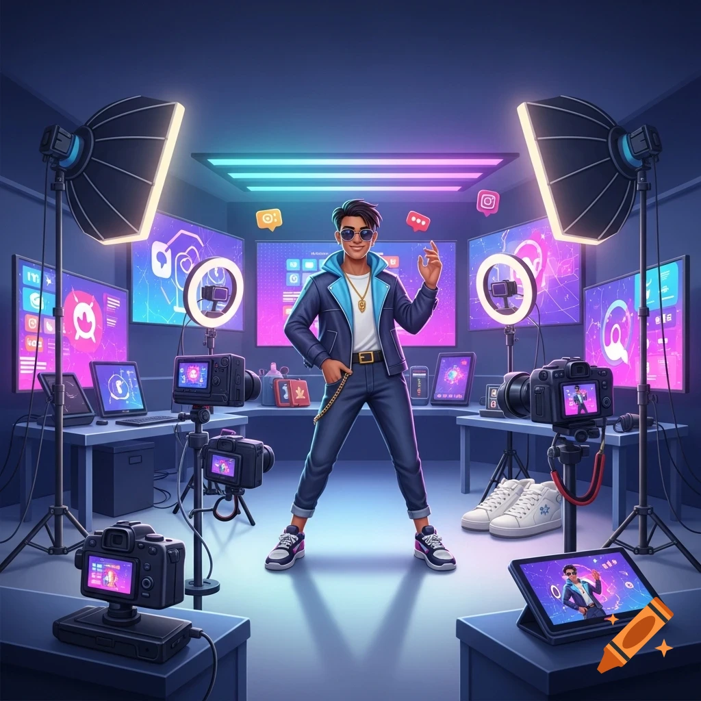 A stylized male influencer poses in a neon-lit studio filled with cameras, ring lights, softboxes, and screens displaying social media icons.