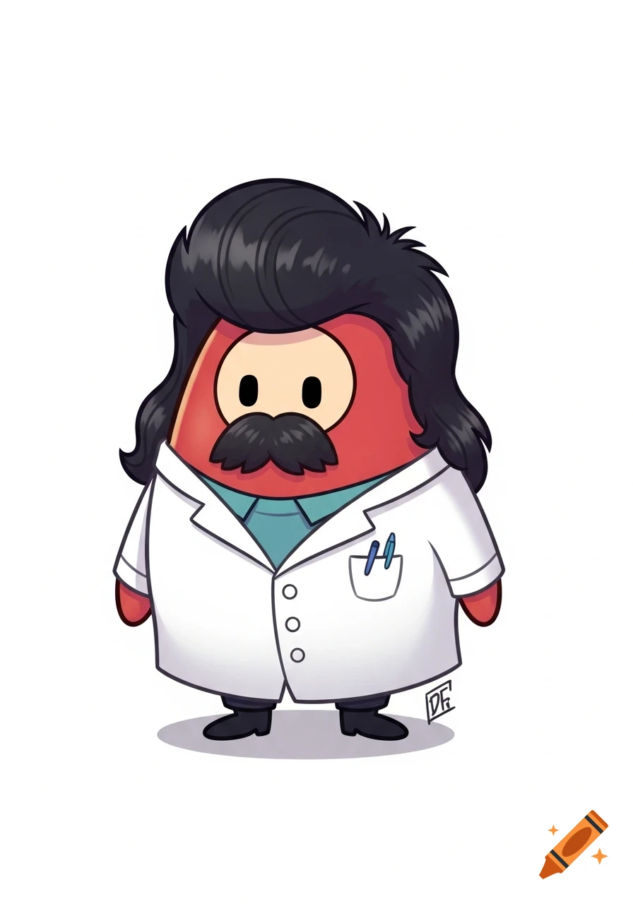 Cartoon Fall Guys-style character, red with dark mullet and mustache, wearing a white lab coat.