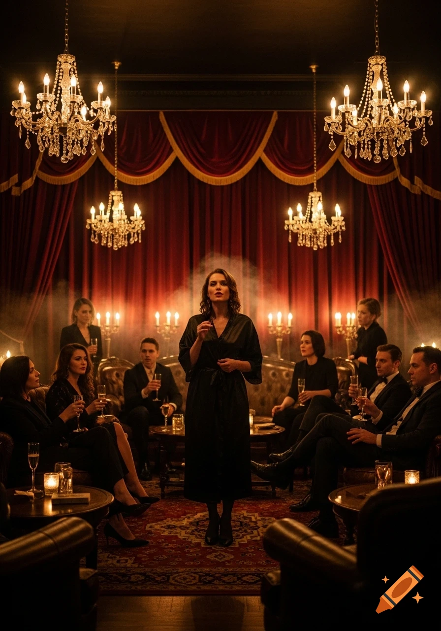 A woman in a black robe performs in a grand, dimly lit room with red curtains and chandeliers, surrounded by guests with champagne.