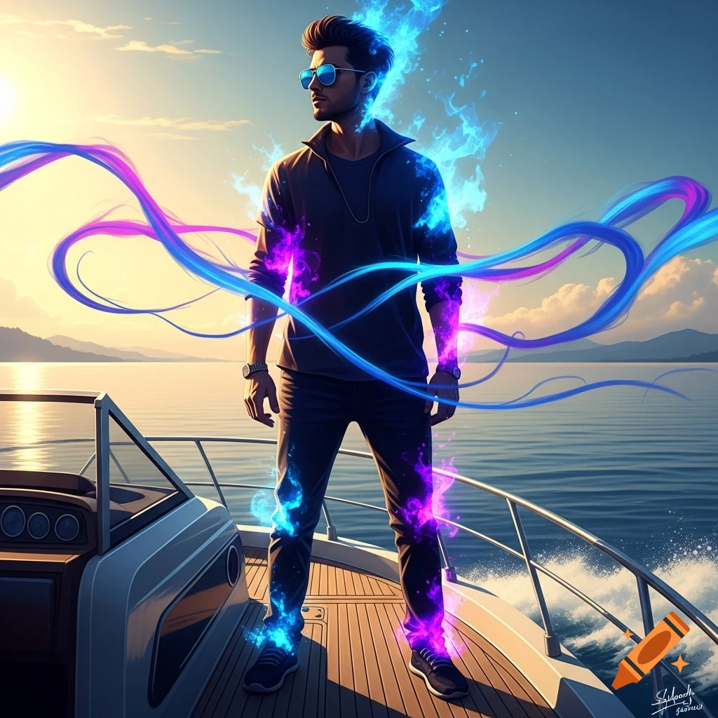 A man with blue and purple aura around him and on his body, wearing sunglasses, stands on a boat at sunset over calm water.