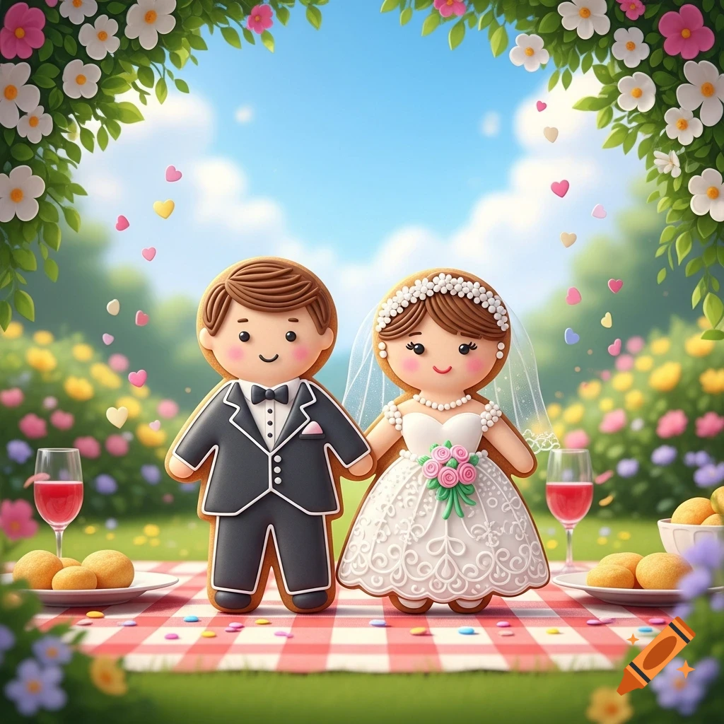 Cartoon gingerbread bride and groom cookies stand on a picnic blanket with flowers, food, and floating hearts.