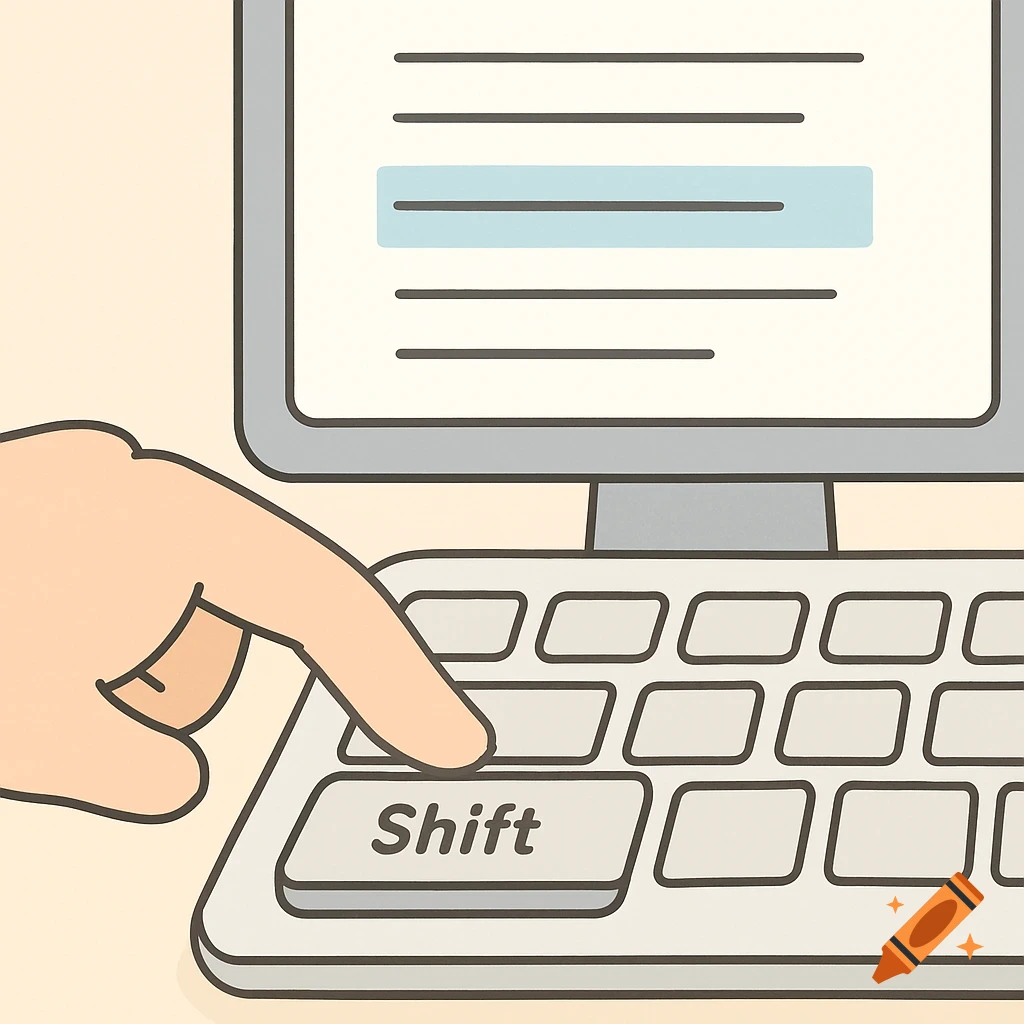 A cartoon hand presses the Shift key on a keyboard, with a computer monitor displaying selected text.