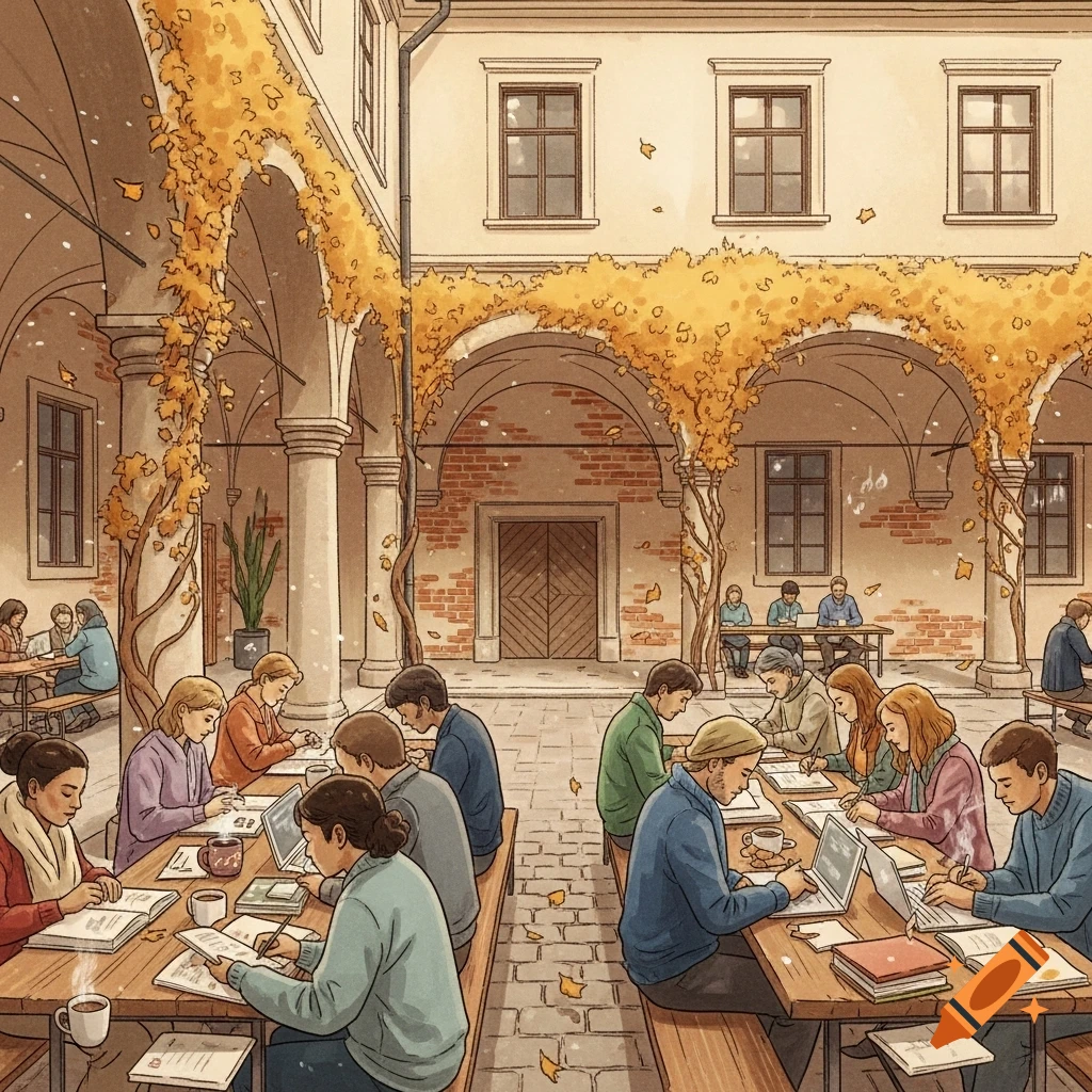 Illustrated scene of students studying outdoors in an autumn courtyard with archways and golden foliage.