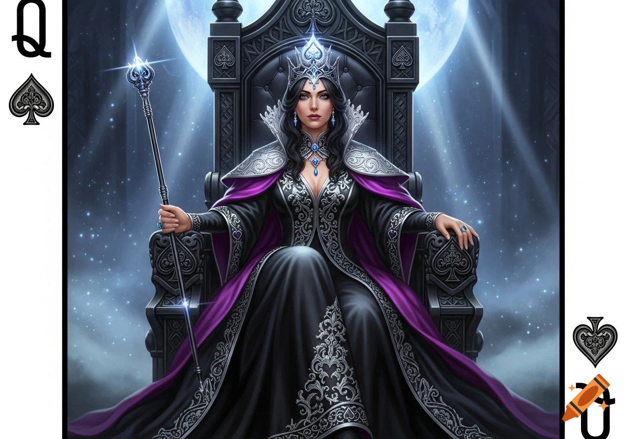 A fantasy queen with a crown and staff sits on a throne under a full moon, styled as a Queen of Spades playing card.