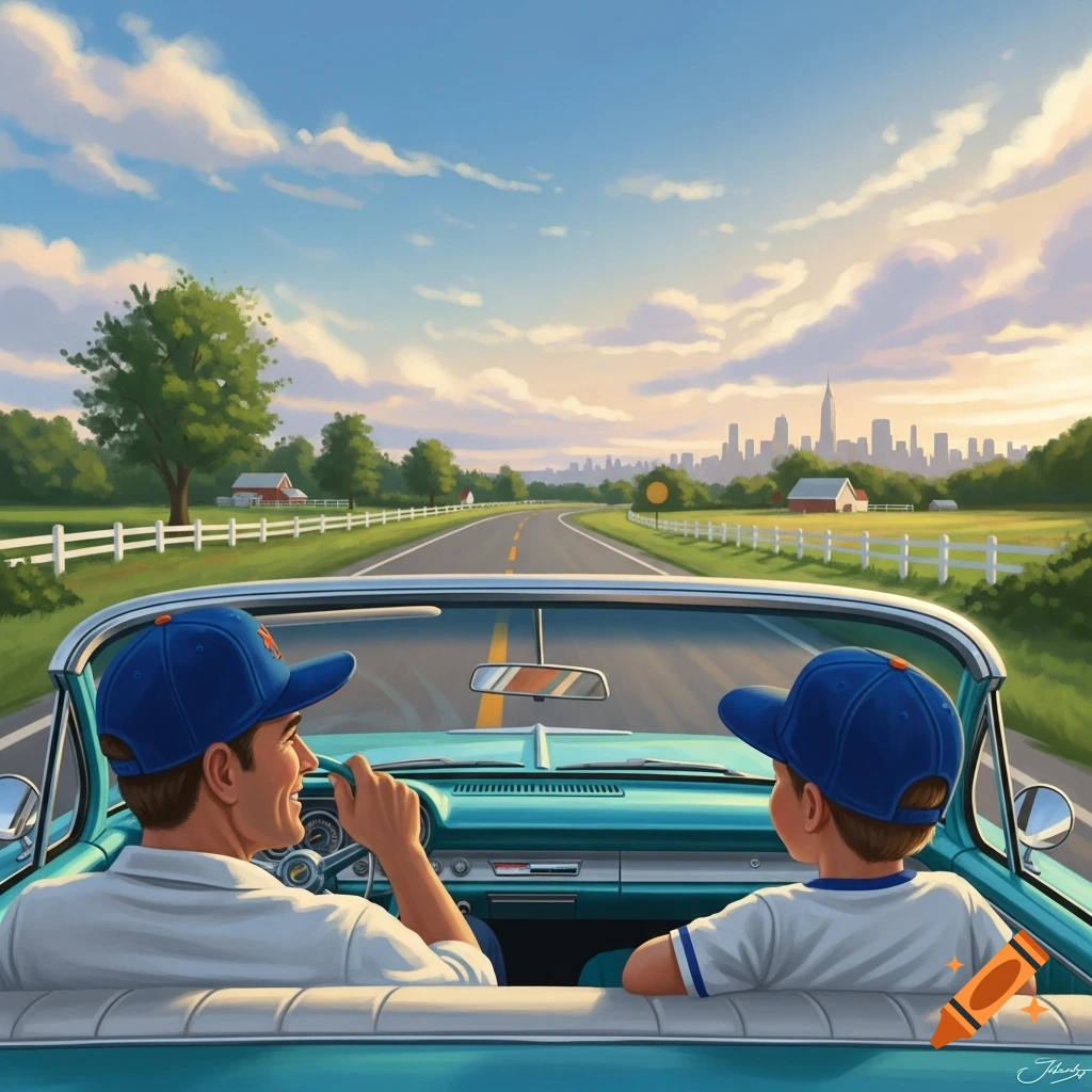 A stylized illustration of a father and son in blue baseball caps driving a turquoise convertible on a country road towards a city skyline.